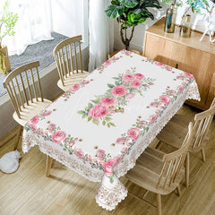 Aperturee - Aperturee Elegant Pink Rose Floral Rectangle Tablecloth with Lace Border for Wedding Bridal Shower or Shabby Chic Decor