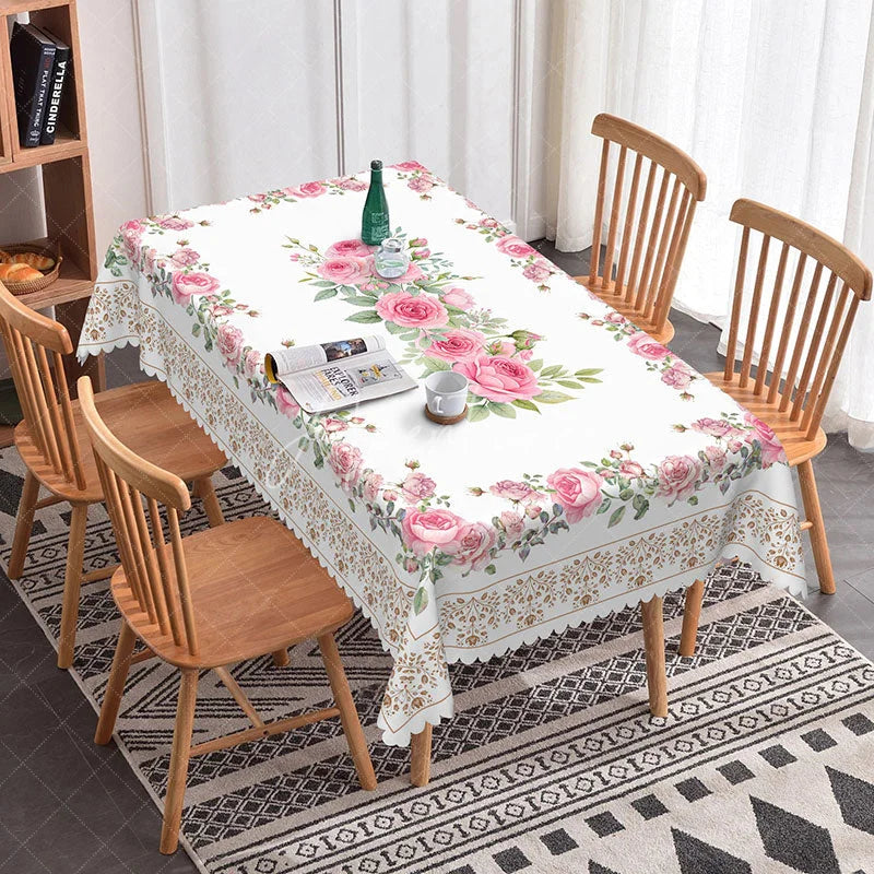 Aperturee - Aperturee Elegant Pink Rose Floral Rectangle Tablecloth with Lace Border for Wedding Bridal Shower or Shabby Chic Decor