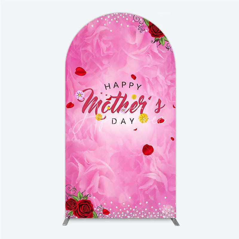 Aperturee - Aperturee Elegant Pink Rose Happy Mother’s Day Round Top Arch Backdrop Floral Pearl and Glitter Decor