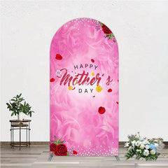 Aperturee - Aperturee Elegant Pink Rose Happy Mother’s Day Round Top Arch Backdrop Floral Pearl and Glitter Decor