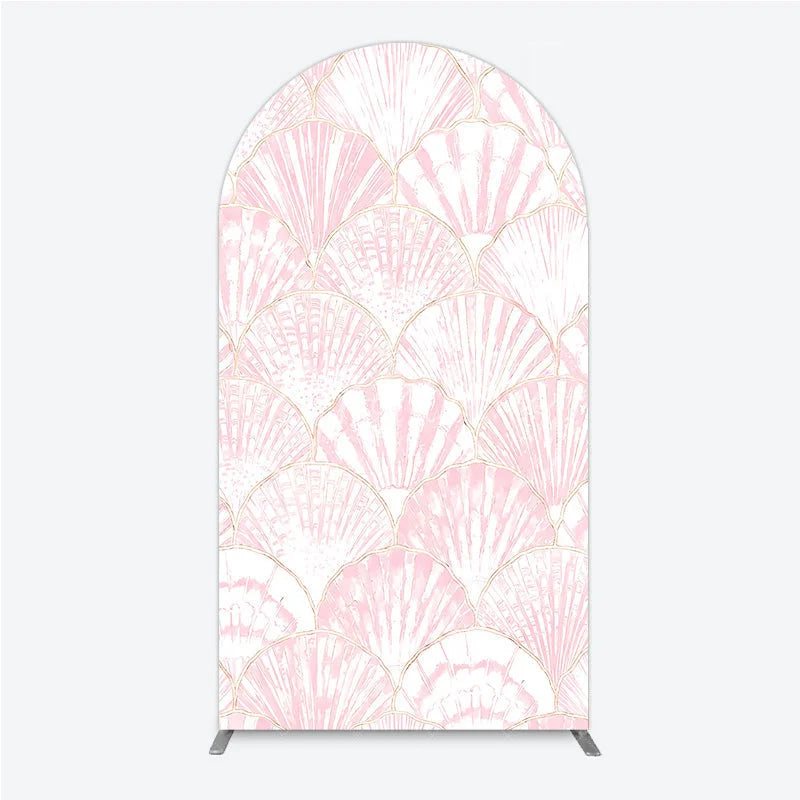 Aperturee - Aperturee Elegant Pink Scallop Shell Pattern Round Top Arch Backdrop with Golden Outline for Mermaid Theme Party Decor
