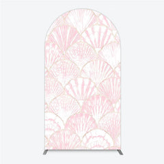 Aperturee - Aperturee Elegant Pink Scallop Shell Pattern Round Top Arch Backdrop with Golden Outline for Mermaid Theme Party Decor