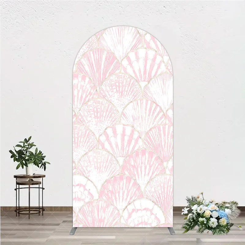 Aperturee - Aperturee Elegant Pink Scallop Shell Pattern Round Top Arch Backdrop with Golden Outline for Mermaid Theme Party Decor