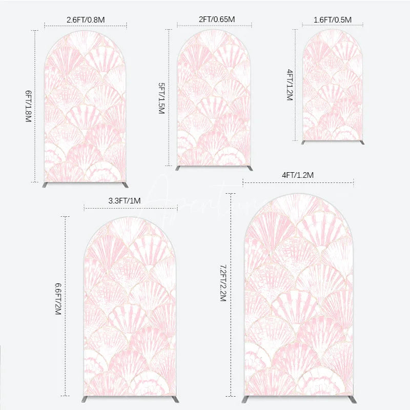 Aperturee - Aperturee Elegant Pink Scallop Shell Pattern Round Top Arch Backdrop with Golden Outline for Mermaid Theme Party Decor