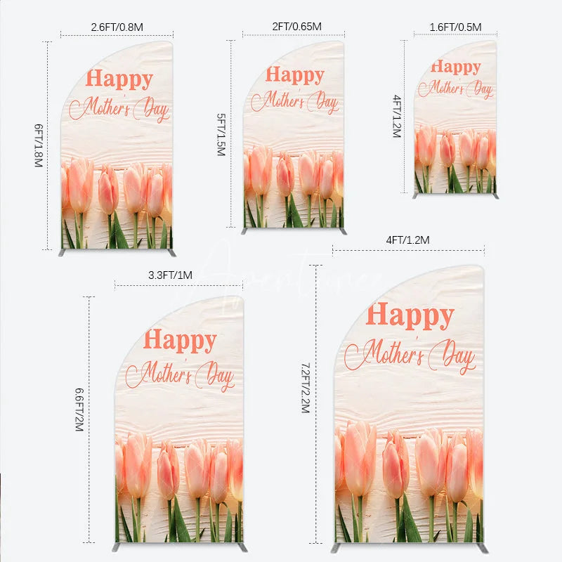 Aperturee - Aperturee Elegant Pink Tulips Happy Mother’s Day Half Moon Arch Backdrop Floral Spring Celebration Decor