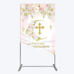Aperturee - Aperturee Elegant Pink Watercolor First Holy Communion Rectangle Arch Backdrop with Gold Glitter Cross and Floral Wreath