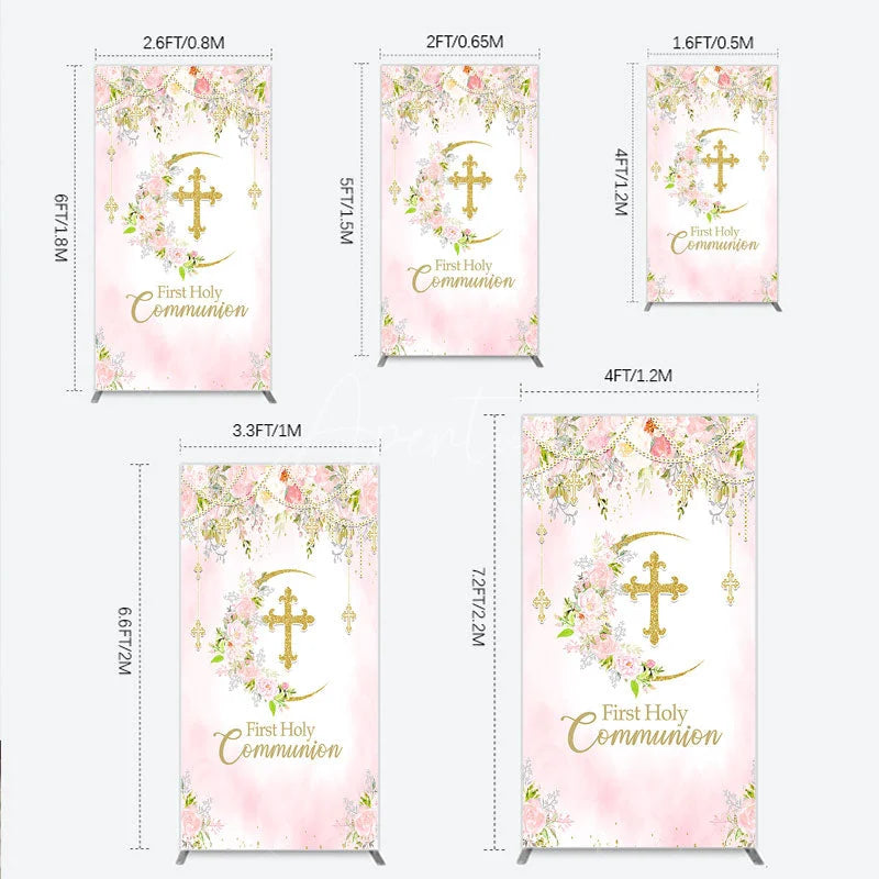 Aperturee - Aperturee Elegant Pink Watercolor First Holy Communion Rectangle Arch Backdrop with Gold Glitter Cross and Floral Wreath
