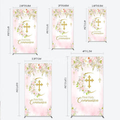 Aperturee - Aperturee Elegant Pink Watercolor First Holy Communion Rectangle Arch Backdrop with Gold Glitter Cross and Floral Wreath
