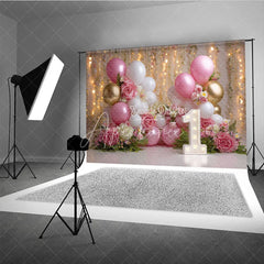 Aperturee - Aperturee Elegant Pink White Gold Balloons and Roses First Birthday Photography Backdrop Dreamy Bokeh Lights Party Decor