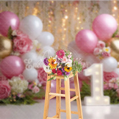 Aperturee - Aperturee Elegant Pink White Gold Balloons and Roses First Birthday Photography Backdrop Dreamy Bokeh Lights Party Decor