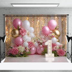 Aperturee - Aperturee Elegant Pink White Gold Balloons and Roses First Birthday Photography Backdrop Dreamy Bokeh Lights Party Decor