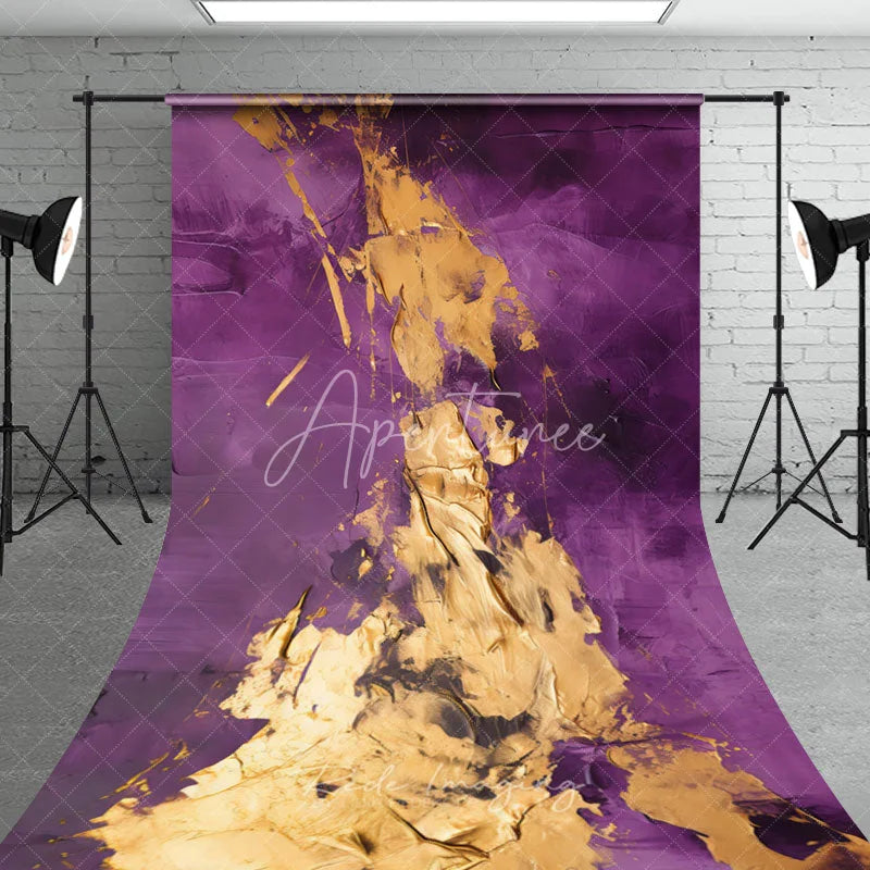 Aperturee - Aperturee Elegant Purple and Gold Abstract Textured Sweep Backdrop Artistic Photography Background for Studio Portraits