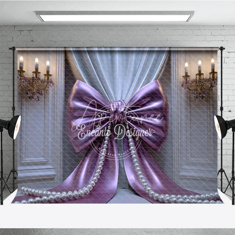 Aperturee - Aperturee Elegant Purple Bow and Pearl Photography Backdrop Pleated Curtains and Gold Chandeliers for Celebrations