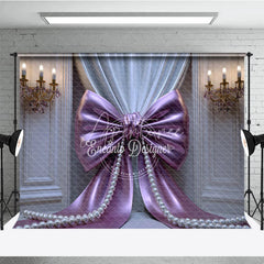 Aperturee - Aperturee Elegant Purple Bow and Pearl Photography Backdrop Pleated Curtains and Gold Chandeliers for Celebrations