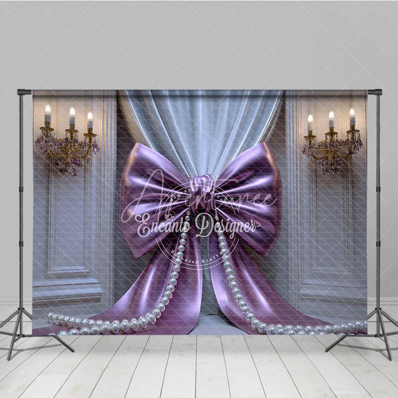 Aperturee - Aperturee Elegant Purple Bow and Pearl Photography Backdrop Pleated Curtains and Gold Chandeliers for Celebrations