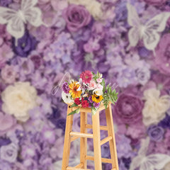 Aperturee - Aperturee Elegant Purple Floral Photography Backdrop with Glitter Butterflies Roses and Hydrangeas Party Decor