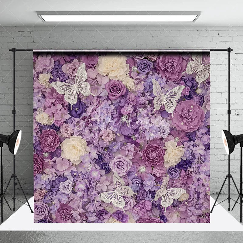 Aperturee - Aperturee Elegant Purple Floral Photography Backdrop with Glitter Butterflies Roses and Hydrangeas Party Decor