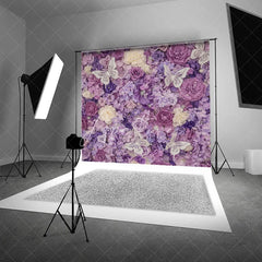 Aperturee - Aperturee Elegant Purple Floral Photography Backdrop with Glitter Butterflies Roses and Hydrangeas Party Decor