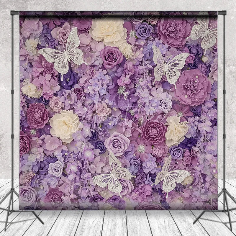 Aperturee - Aperturee Elegant Purple Floral Photography Backdrop with Glitter Butterflies Roses and Hydrangeas Party Decor