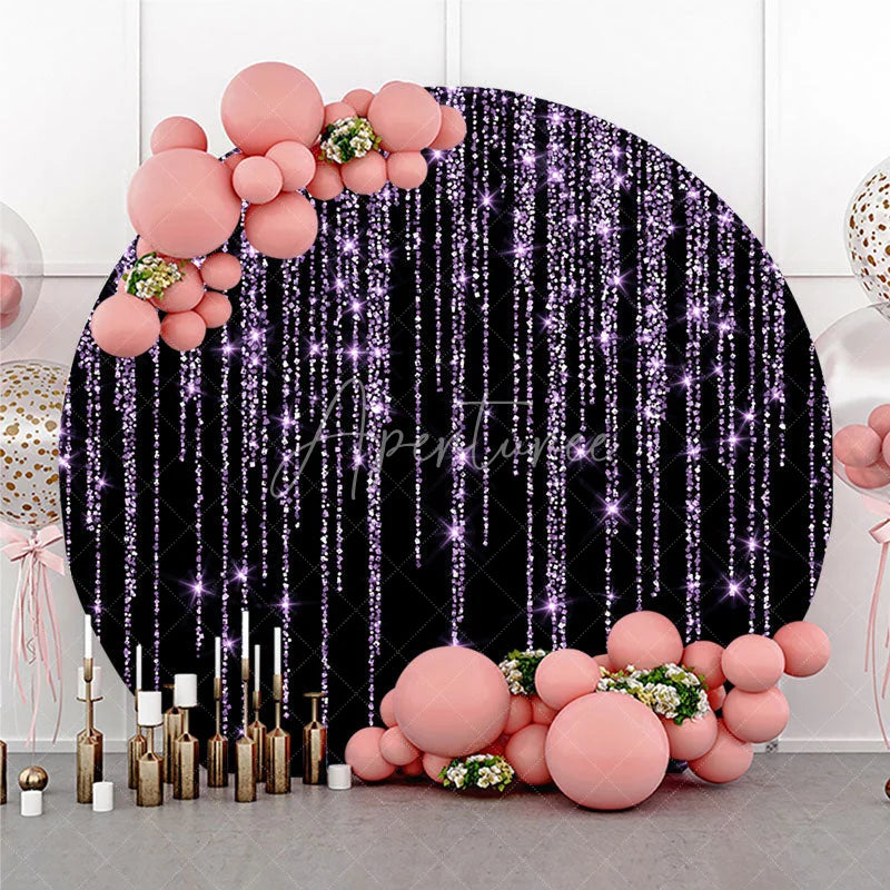 Aperturee - Aperturee Elegant Purple Glitter Cascading Sparkle Round Backdrop Black Background Party Decor for Birthday