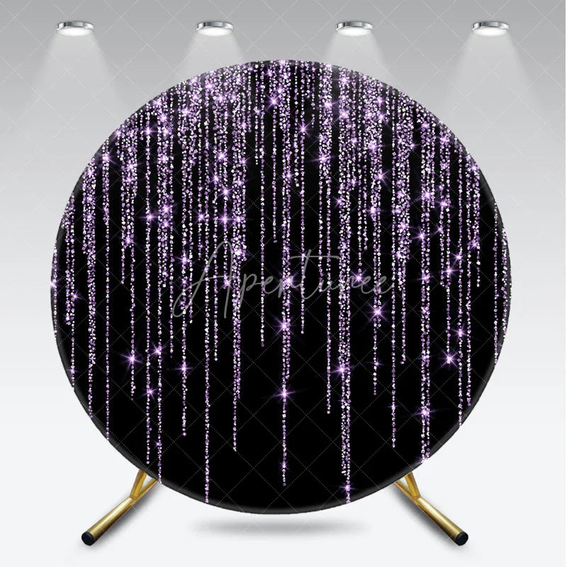 Aperturee - Aperturee Elegant Purple Glitter Cascading Sparkle Round Backdrop Black Background Party Decor for Birthday