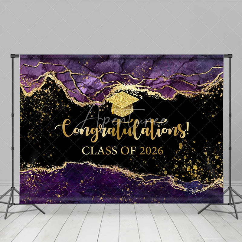 Aperturee - Aperturee Elegant Purple Gold Marbled Backdrop For Graduation