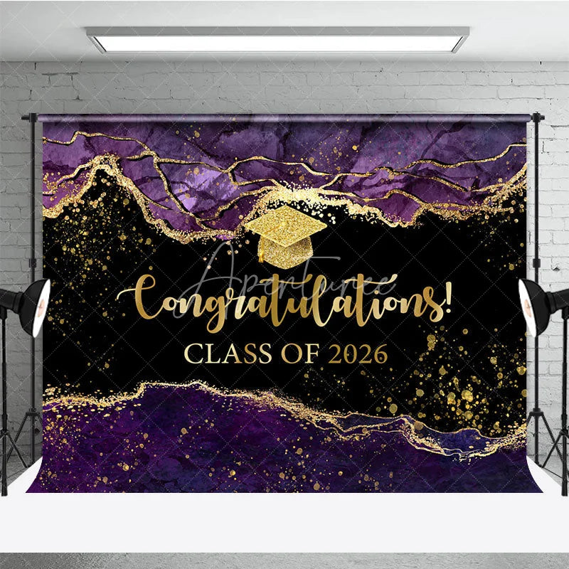 Aperturee - Aperturee Elegant Purple Gold Marbled Backdrop For Graduation