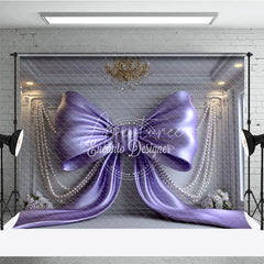 Aperturee - Aperturee Elegant Purple Satin Bow and Pearl Strings Photography Backdrop Luxurious Room with White Roses Party Decor