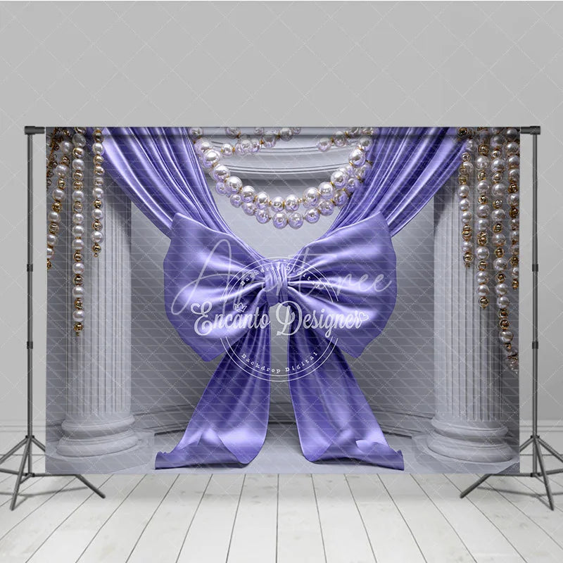Aperturee - Aperturee Elegant Purple Satin Bow Drapes Photography Backdrop White Columns Pearl Gold Bead Strands Luxurious Party Decor