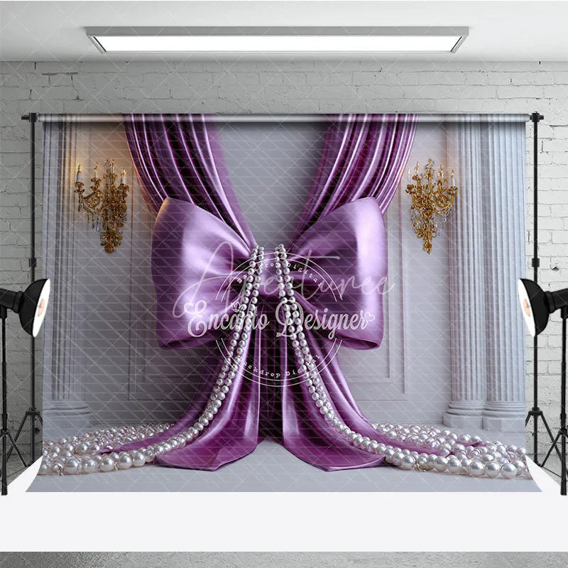 Aperturee - Aperturee Elegant Purple Satin Drapes Photography Backdrop with Gold Sconces and White Pearls Royal Princess Party Decor