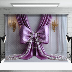 Aperturee - Aperturee Elegant Purple Satin Drapes Photography Backdrop with Gold Sconces and White Pearls Royal Princess Party Decor