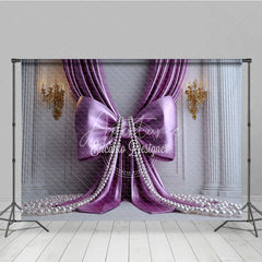 Aperturee - Aperturee Elegant Purple Satin Drapes Photography Backdrop with Gold Sconces and White Pearls Royal Princess Party Decor