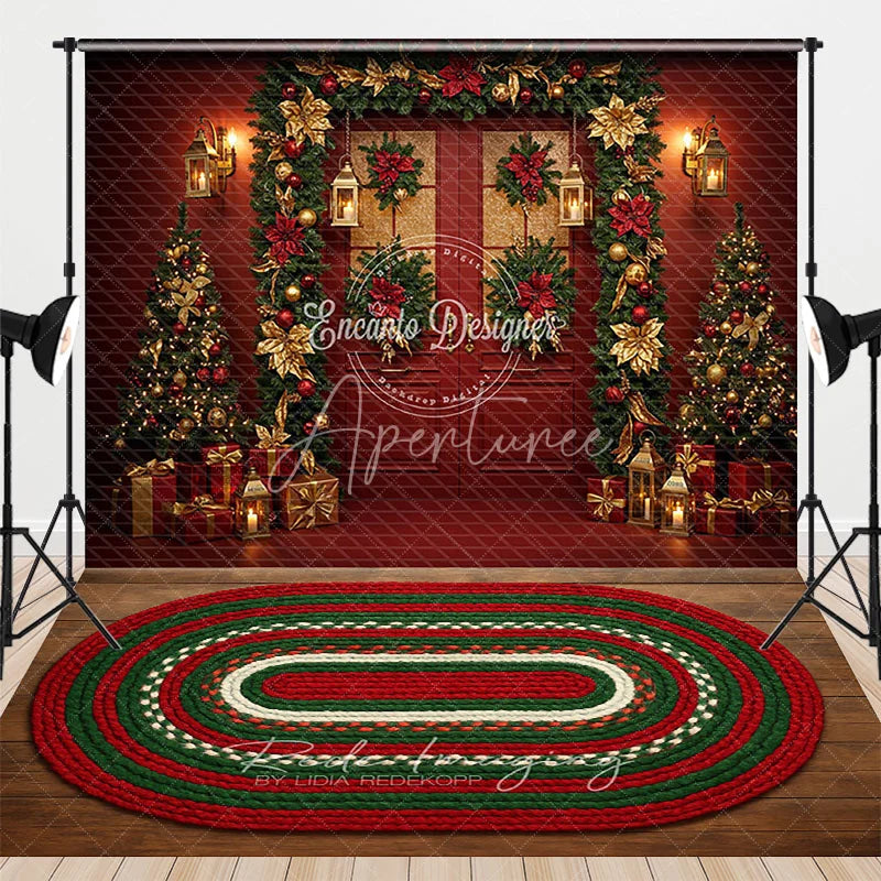 Aperturee - Aperturee Elegant Red and Gold Christmas Door Combo Set Backdrop Poinsettia Garland with Braided Rug Holiday Photo Floor