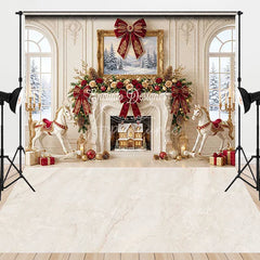 Aperturee - Aperturee Elegant Red and Gold Christmas Fireplace with Rocking Horse Combo Set Backdrop Winter Holiday Party Decor