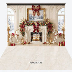 Aperturee - Aperturee Elegant Red and Gold Christmas Fireplace with Rocking Horse Combo Set Backdrop Winter Holiday Party Decor