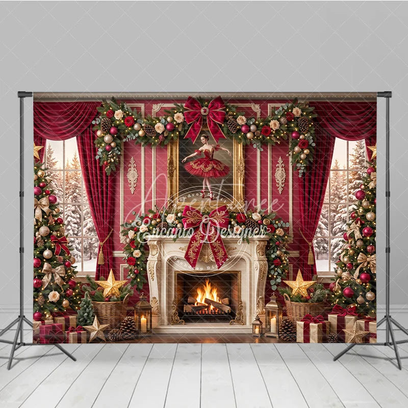 Aperturee - Aperturee Elegant Red and Gold Christmas Holiday Backdrop Fireplace Decorated Trees Ballerina Painting for Festive Parties