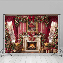 Aperturee - Aperturee Elegant Red and Gold Christmas Holiday Backdrop Fireplace Decorated Trees Ballerina Painting for Festive Parties