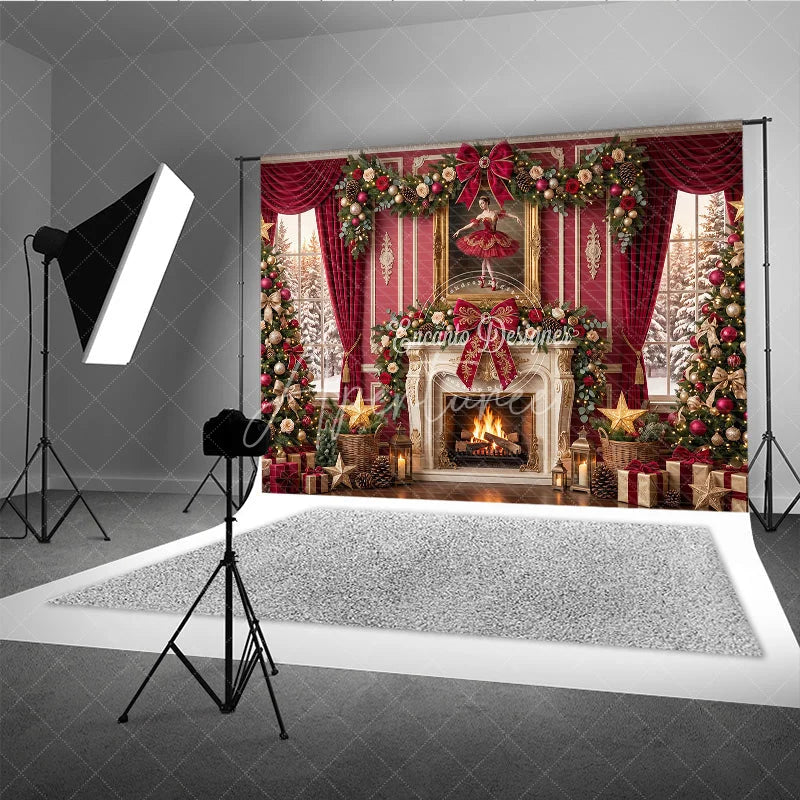 Aperturee - Aperturee Elegant Red and Gold Christmas Holiday Backdrop Fireplace Decorated Trees Ballerina Painting for Festive Parties