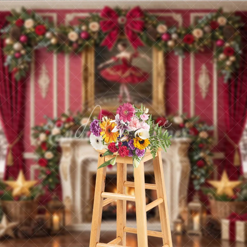 Aperturee - Aperturee Elegant Red and Gold Christmas Holiday Backdrop Fireplace Decorated Trees Ballerina Painting for Festive Parties
