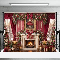 Aperturee - Aperturee Elegant Red and Gold Christmas Holiday Backdrop Fireplace Decorated Trees Ballerina Painting for Festive Parties