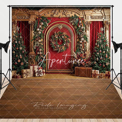 Aperturee - Aperturee Elegant Red and Gold Christmas Tree Wreath and Gifts Combo Set Backdrop Festive Holiday Party Decor