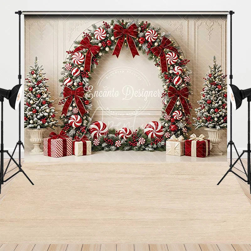 Aperturee - Aperturee Elegant Red and White Christmas Wreath Combo Set Backdrop featuring Candy Canes Gift Boxes and Trees