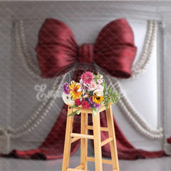 Aperturee - Aperturee Elegant Red Bow and Pearl Photography Backdrop Classic White Wall with Gold Decor for Celebrations