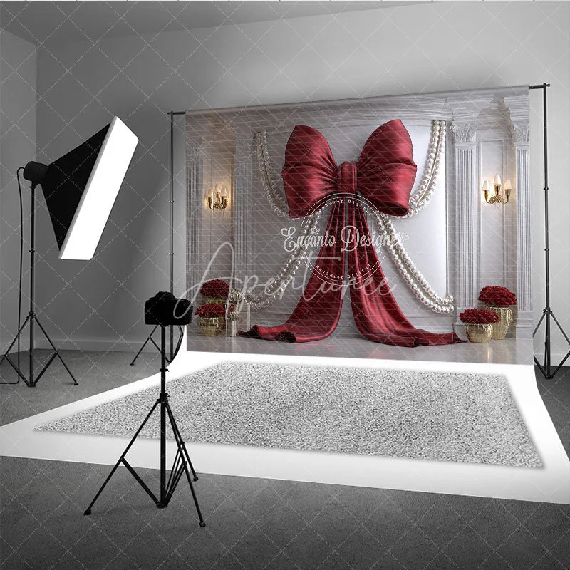 Aperturee - Aperturee Elegant Red Bow and Pearl Photography Backdrop Classic White Wall with Gold Decor for Celebrations