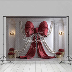 Aperturee - Aperturee Elegant Red Bow and Pearl Photography Backdrop Classic White Wall with Gold Decor for Celebrations