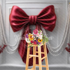 Aperturee - Aperturee Elegant Red Bow and Pearl Photography Backdrop Luxurious White Mantelpiece for Festive Celebrations