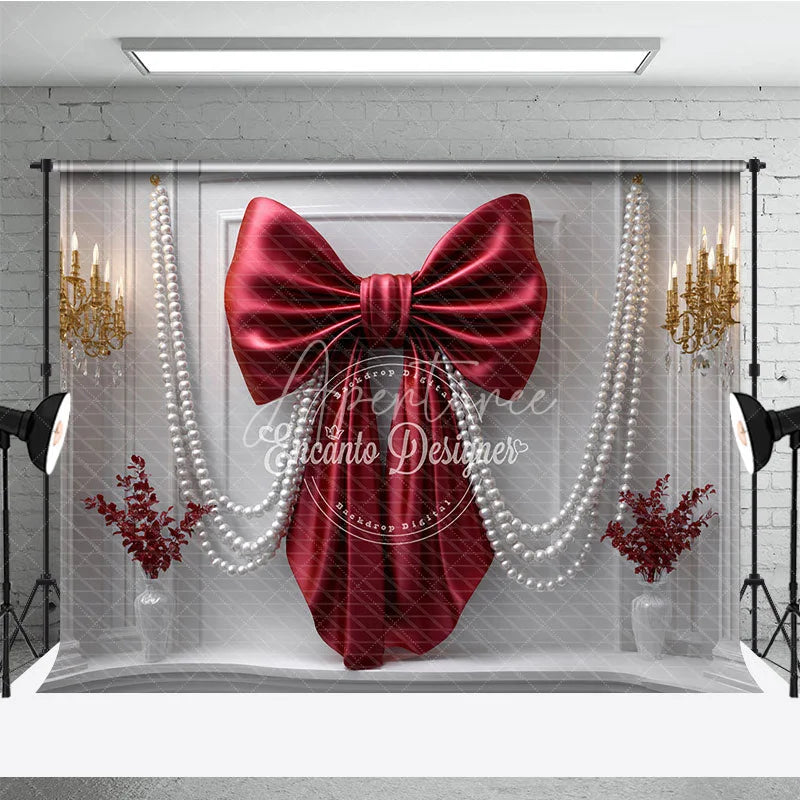 Aperturee - Aperturee Elegant Red Bow and Pearl Photography Backdrop Luxurious White Mantelpiece for Festive Celebrations