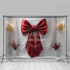 Aperturee - Aperturee Elegant Red Bow and Pearl Photography Backdrop Luxurious White Mantelpiece for Festive Celebrations