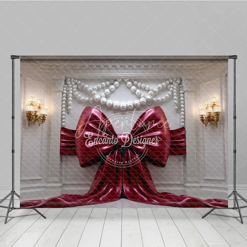 Aperturee - Aperturee Elegant Red Bow Photography Backdrop with Pearl Garlands Ornate White Wall and Gold Sconces Decor