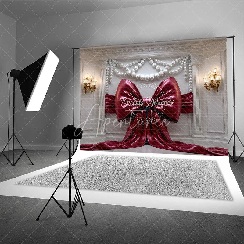 Aperturee - Aperturee Elegant Red Bow Photography Backdrop with Pearl Garlands Ornate White Wall and Gold Sconces Decor